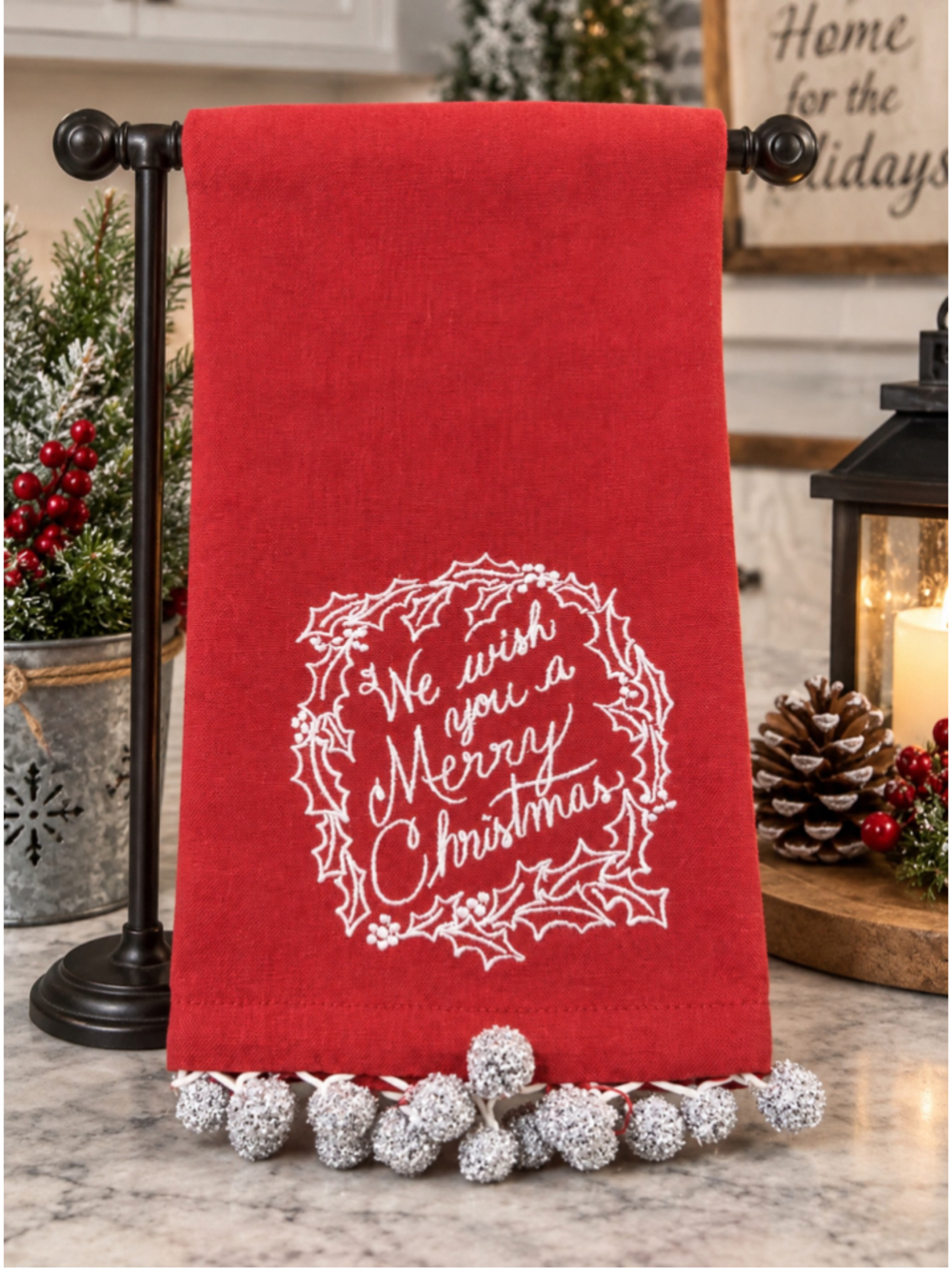 "Merry Christmas" Hand Towel with Pom-Poms